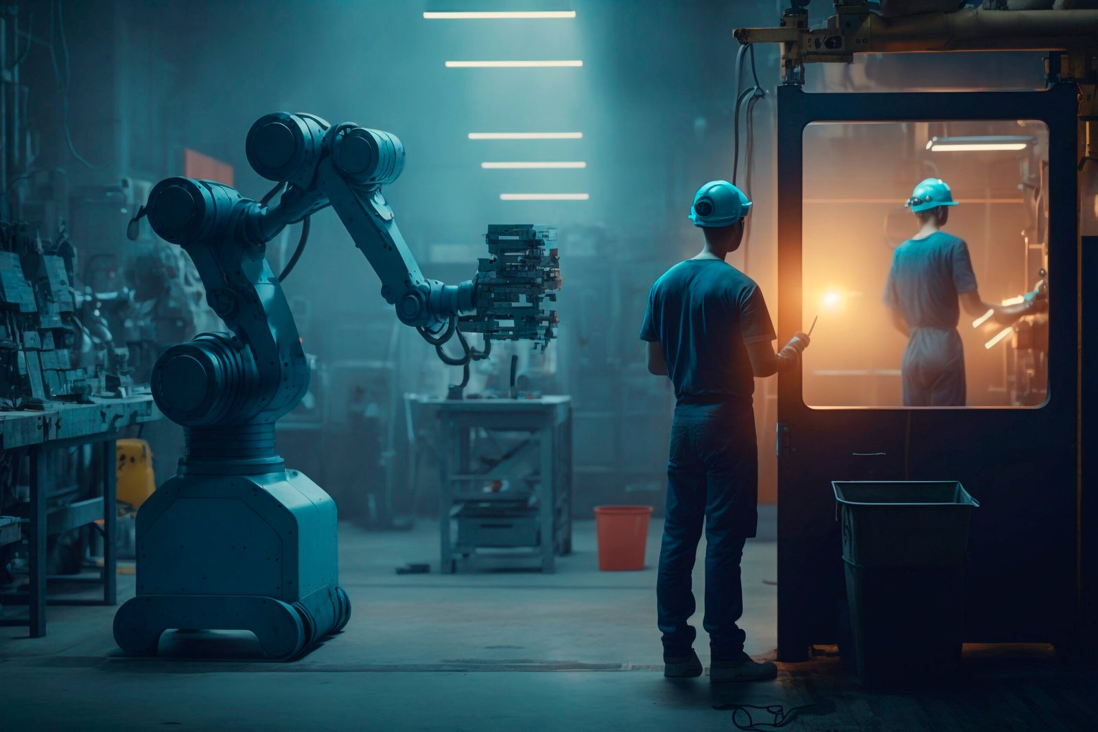 dois-homens-com-roupas-de-trabalho-azuis-em-uma-fabrica-com-um-robo-ao-fundo